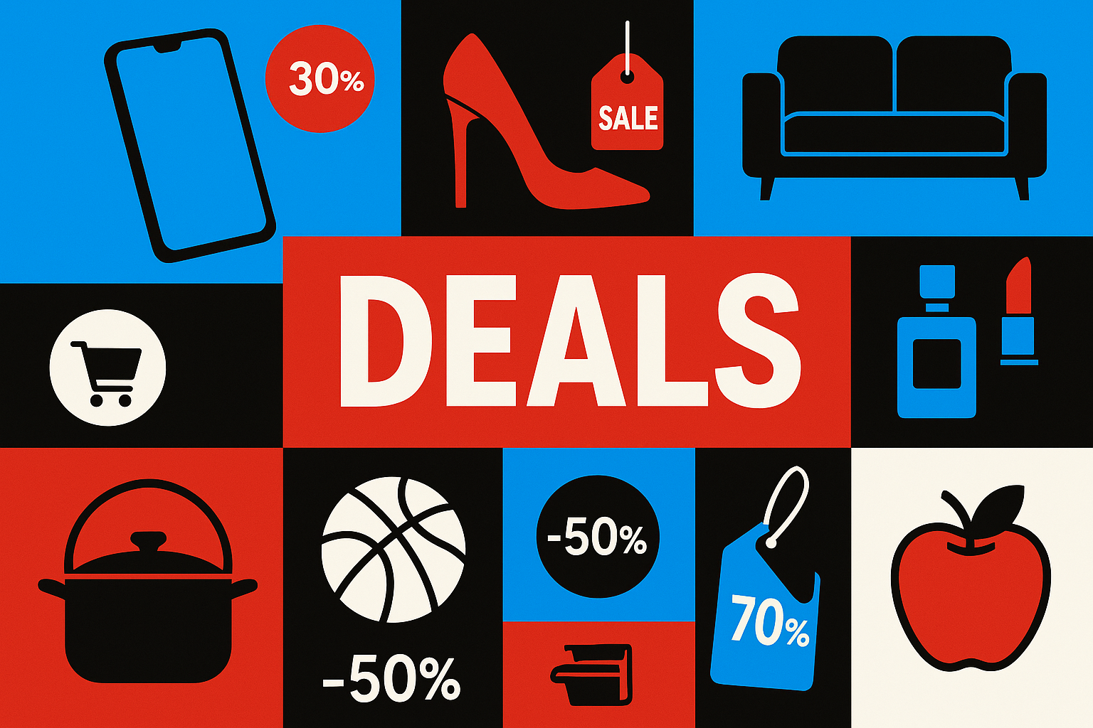 a place where we provide deals across all categries . 
colour pallet as my logo is #0088ff #ed1c24 #000000 
make sure that image looks good with above colours